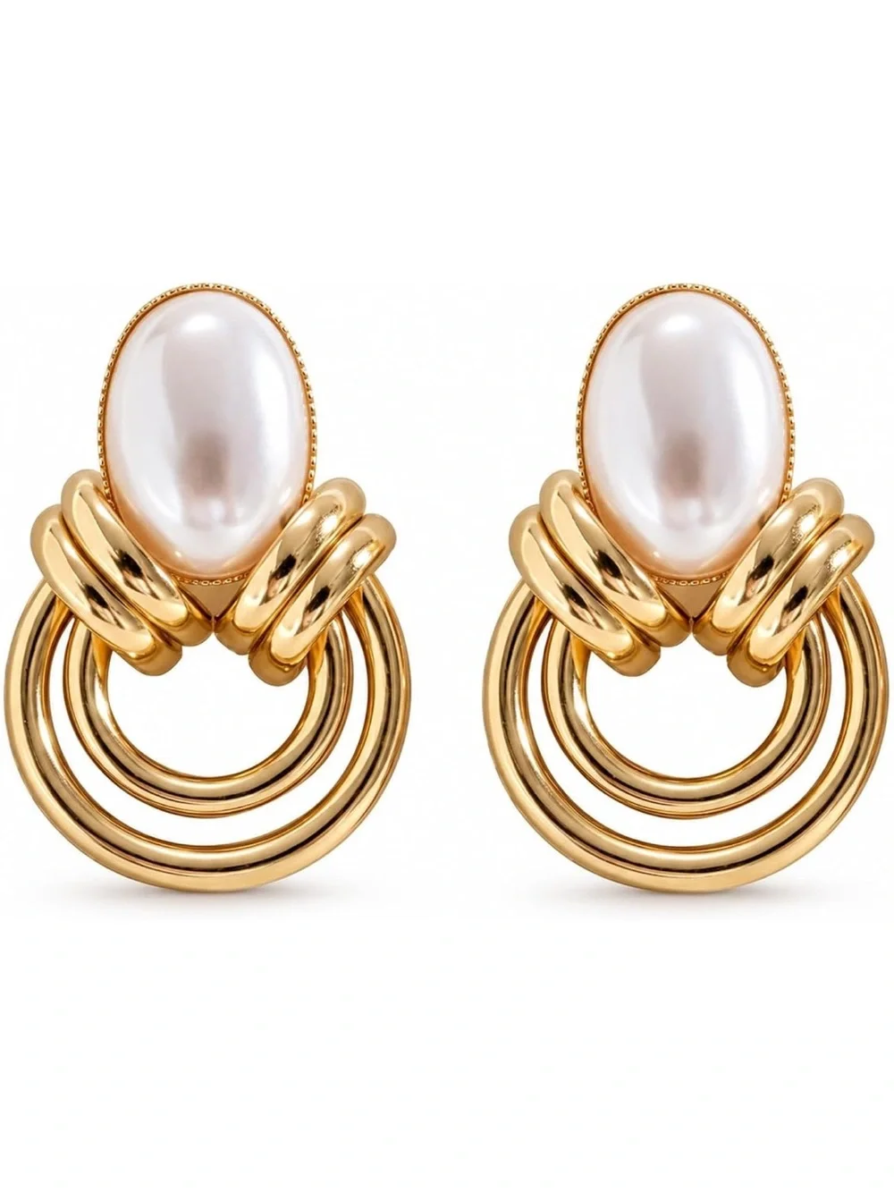 Anthropologie Gold Hoop Drop Earrings with White Pearl Cabochon